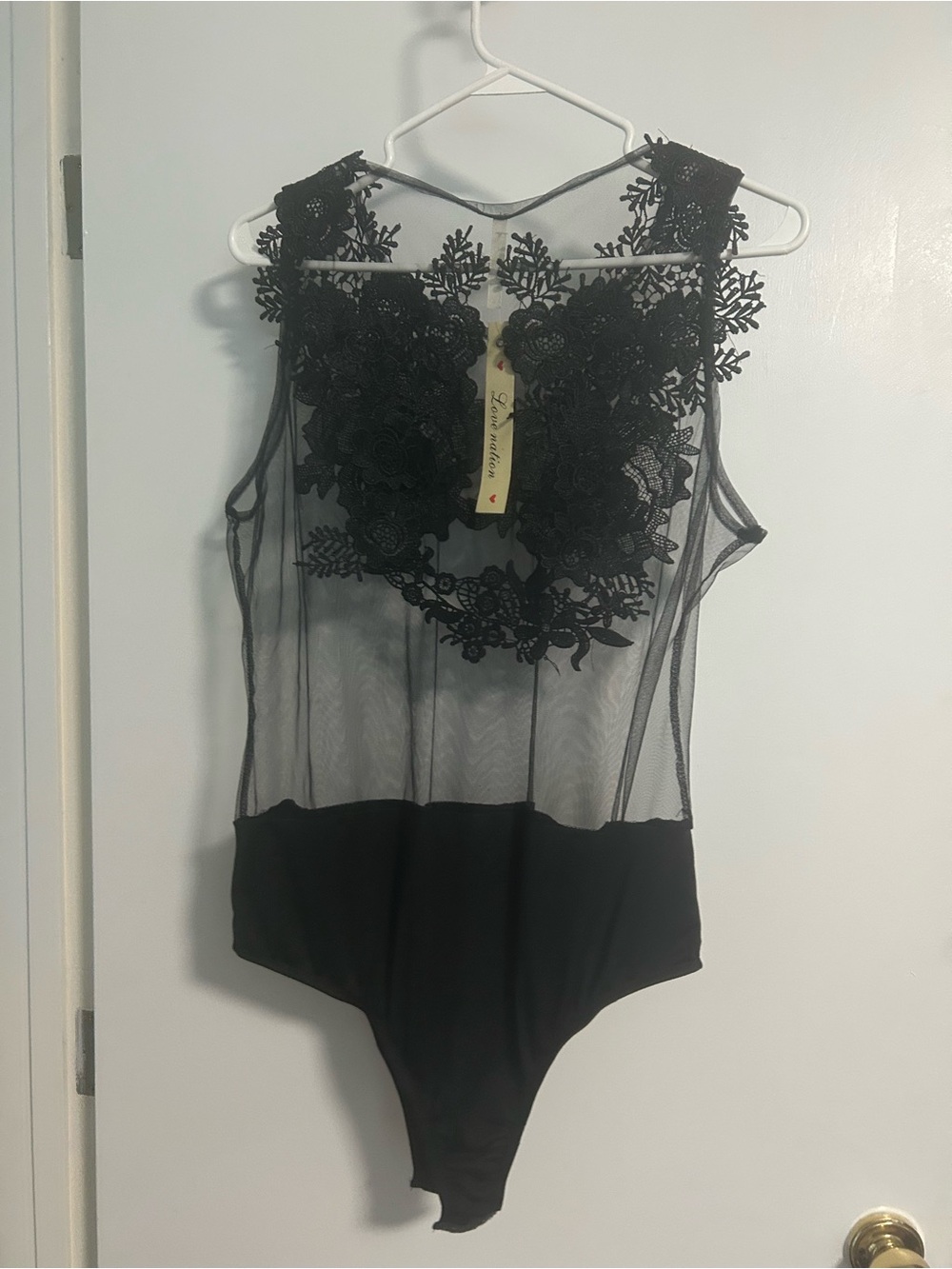 Love Nation Black Sheer Lace Appliqué Bodysuit